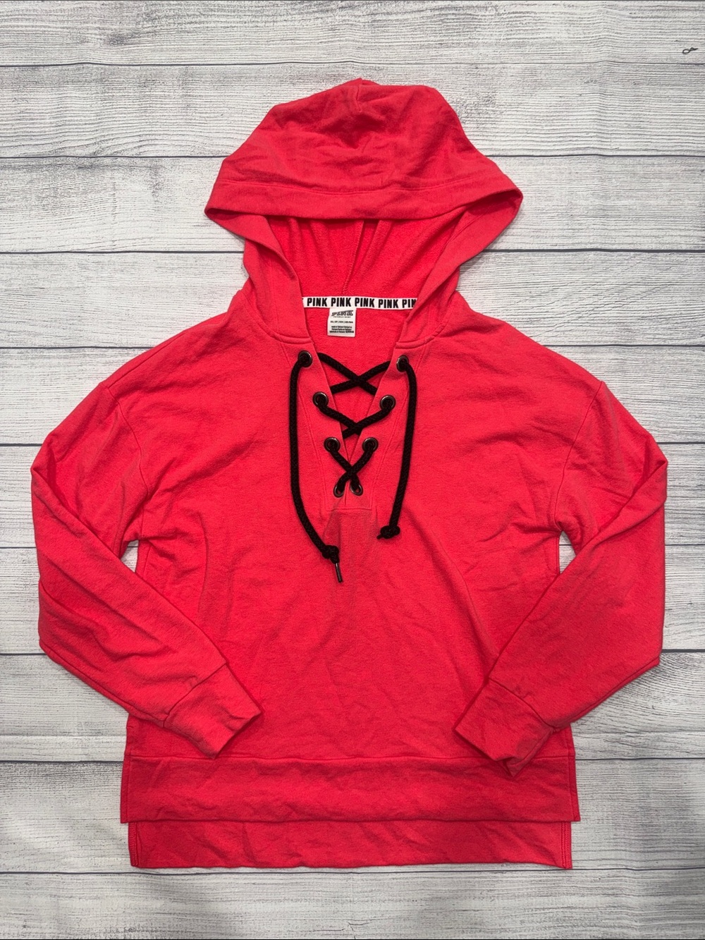 PINK Victoria's Secret Coral Pink Lace-Up V-Neck Hoodie Sweater